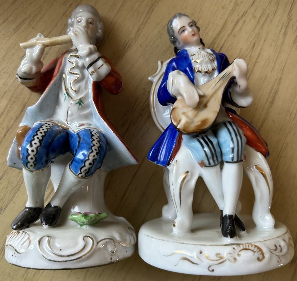 VTG Occupied Japan Porcelain Figurines Man Playing Music 1940s 50s GOLD Trim